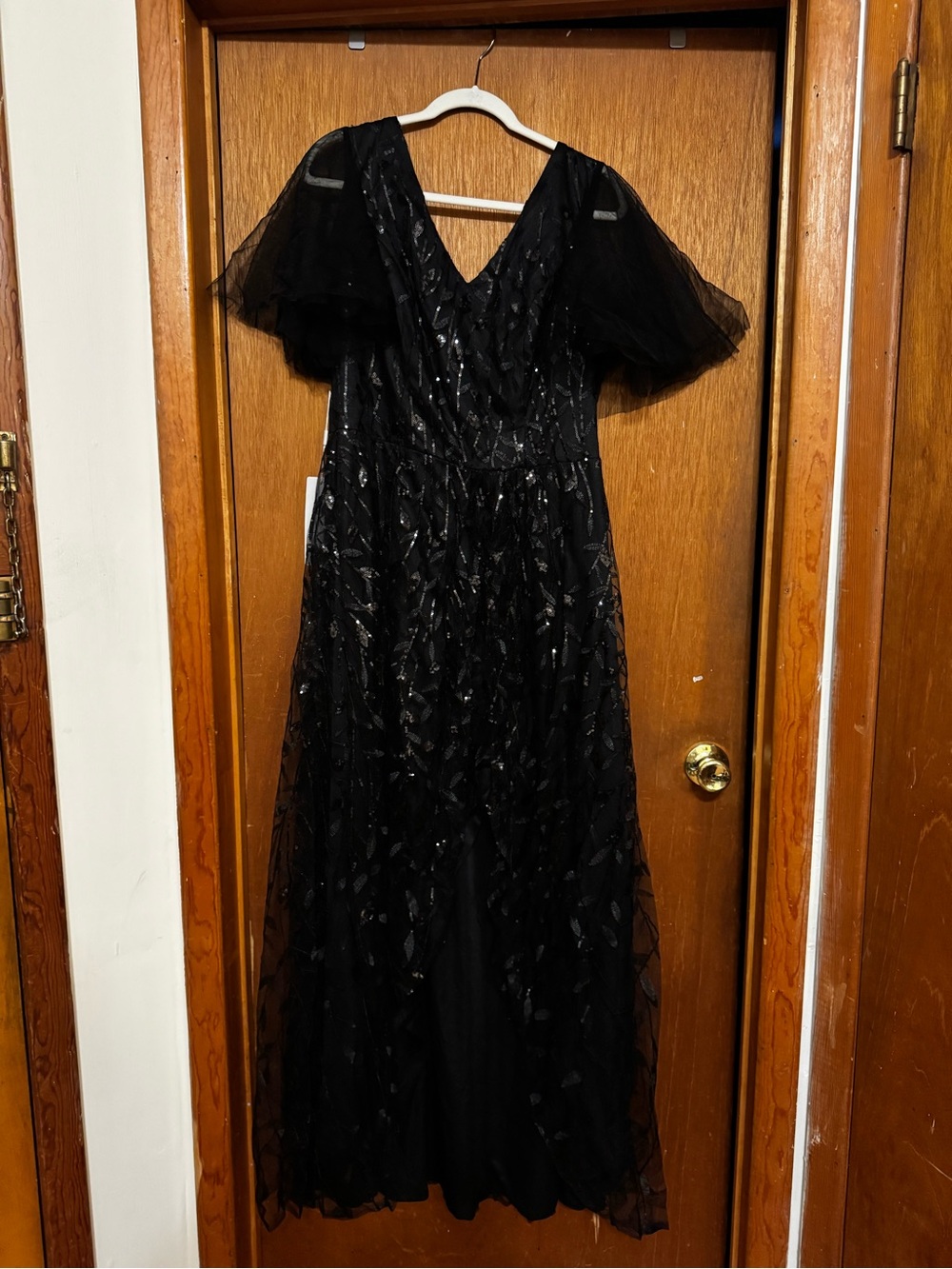 Black Maxi Evening Dress with Sheer Flutter Sleeves